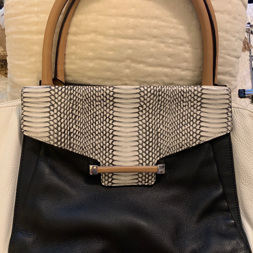 Vince Camuto Black and Cream Satchel with Textured Reptile Flap Design